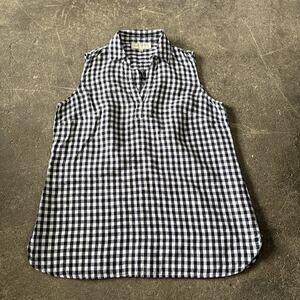 Jones New York Linen Shirt Womens M Black White Gingham Sleeveless Collared Top